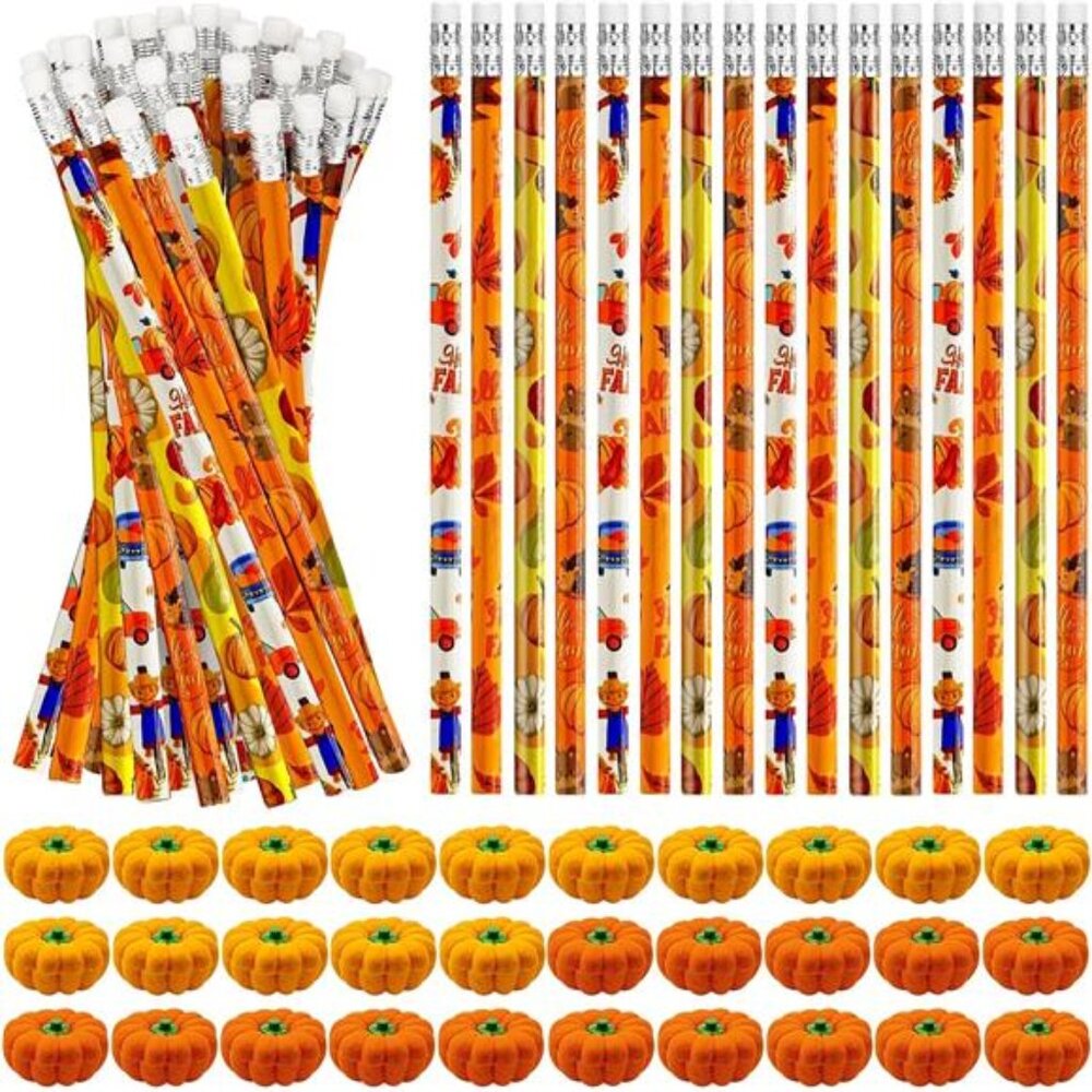 Cinrobiye 60 Pieces Fall Thanksgiving Day Pencils with Pumpkin Eraser Bulk Fall